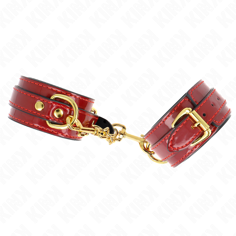 Punhos KINK Joanna Angel Vermelho Ajustável com Corrente de Ouro, detalhe do fecho e material.