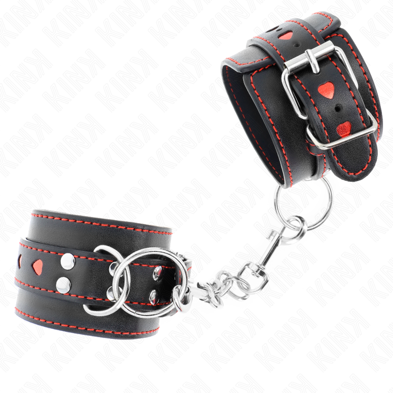 Pulseira de pulso KINK preta com coração vermelho, ajustável para experiências BDSM.