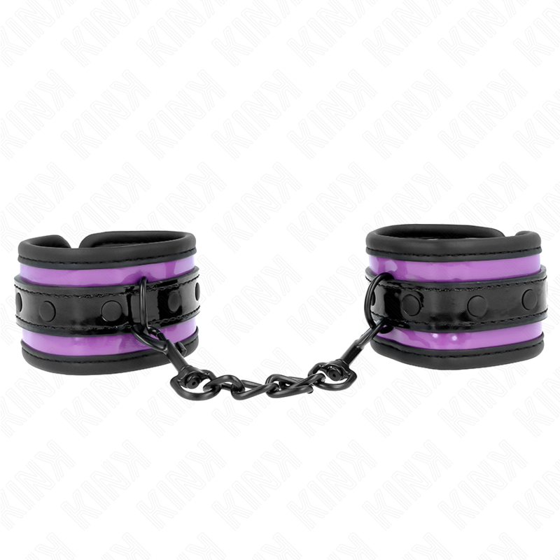 KINK Punhos de Neoprene Roxo Ajustáveis, detalhe do material e fecho para BDSM.