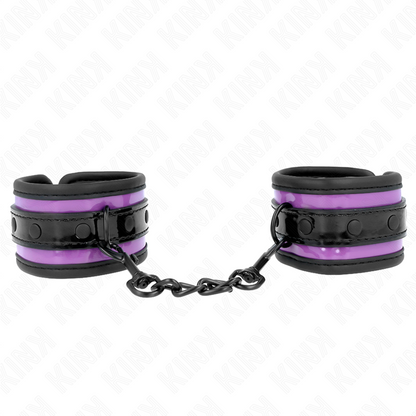 KINK Punhos de Neoprene Roxo Ajustáveis, detalhe do material e fecho para BDSM.