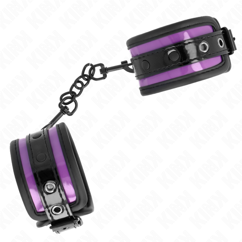 KINK Punhos de Neoprene Roxo Ajustáveis, detalhe do material e fecho para BDSM.