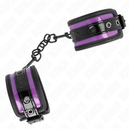 KINK Punhos de Neoprene Roxo Ajustáveis, detalhe do material e fecho para BDSM.