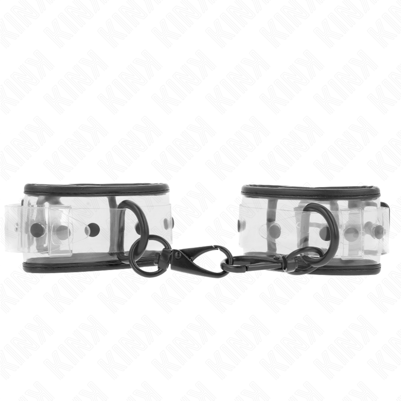 Punhos de Pulso Transparentes Ajustáveis KINK, detalhe do material e fecho para BDSM.