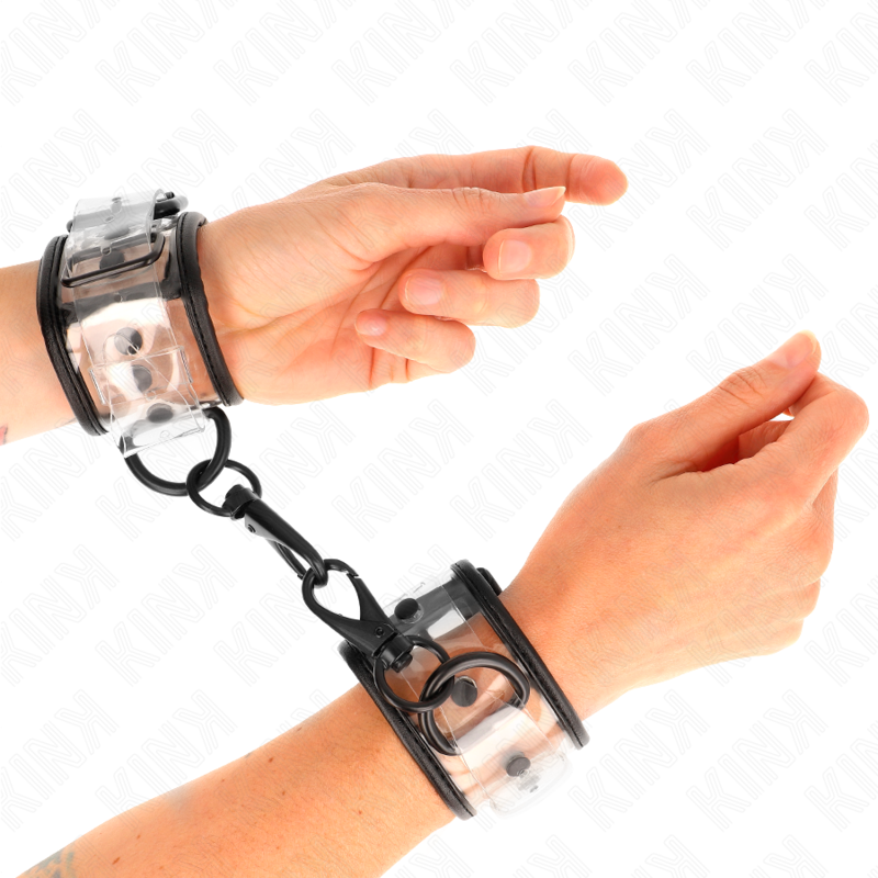 Punhos de Pulso Transparentes Ajustáveis KINK, detalhe do material e fecho para BDSM.