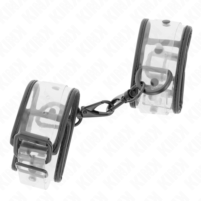 Punhos de Pulso Transparentes Ajustáveis KINK, detalhe do material e fecho para BDSM.