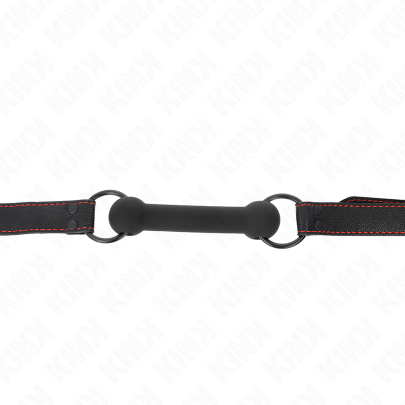 Mordaça de osso KINK com alça de couro preta ajustável para sessões BDSM, detalhe do design realista e material de qualidade.