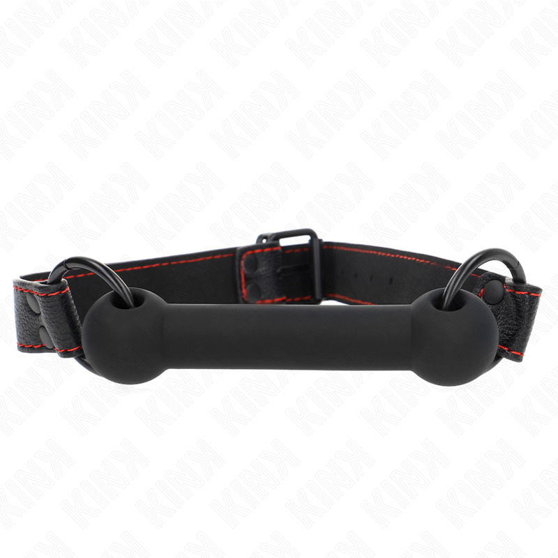 Mordaça de osso KINK com alça de couro preta ajustável para sessões BDSM, detalhe do design realista e material de qualidade.