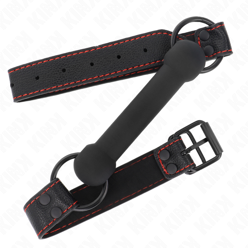 Mordaça de osso KINK com alça de couro preta ajustável para sessões BDSM, detalhe do design realista e material de qualidade.