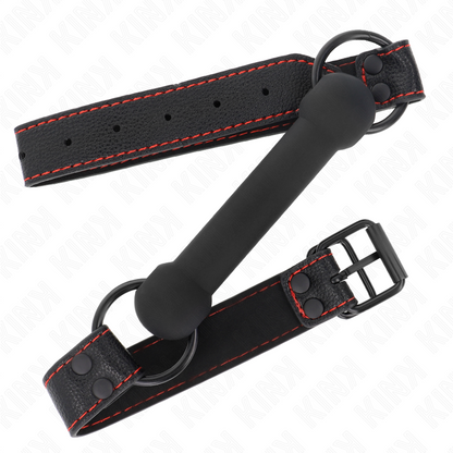 Mordaça de osso KINK com alça de couro preta ajustável para sessões BDSM, detalhe do design realista e material de qualidade.