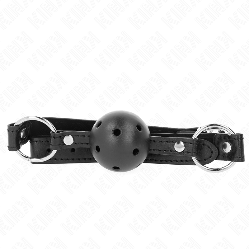 Mordaça bola preta KINK para BDSM, mostrando a bola oca dura de 4,5cm e a correia ajustável.