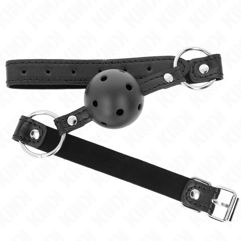 Mordaça bola preta KINK para BDSM, mostrando a bola oca dura de 4,5cm e a correia ajustável.