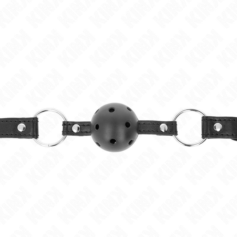 Mordaça bola preta KINK para BDSM, mostrando a bola oca dura de 4,5cm e a correia ajustável.