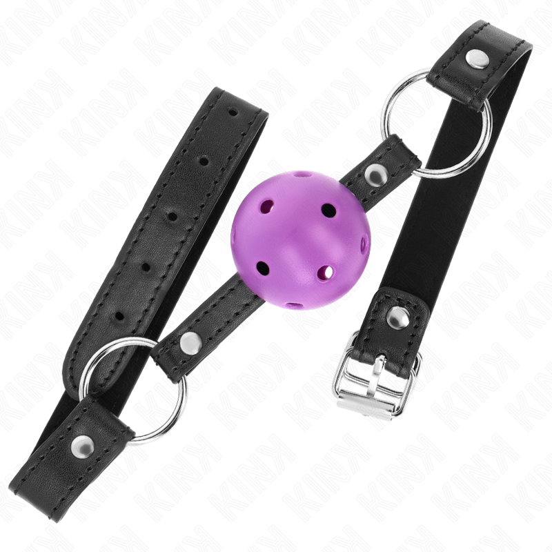 Mordaça Bola KINK Roxa Dura Oca 4,5 CM para BDSM, vista de perto