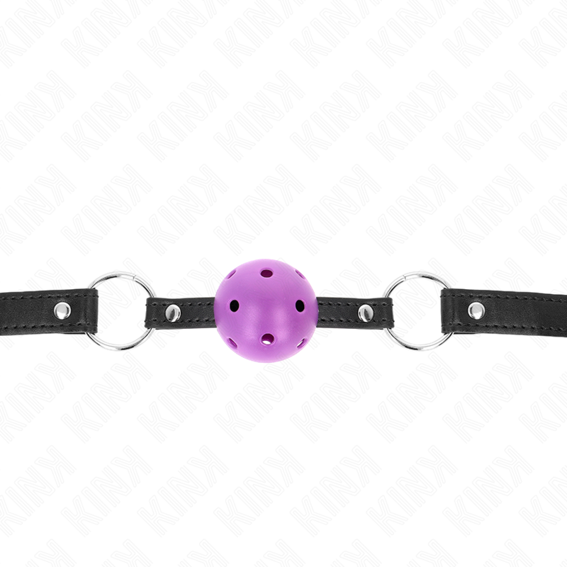 Mordaça Bola KINK Roxa Dura Oca 4,5 CM para BDSM, vista de perto