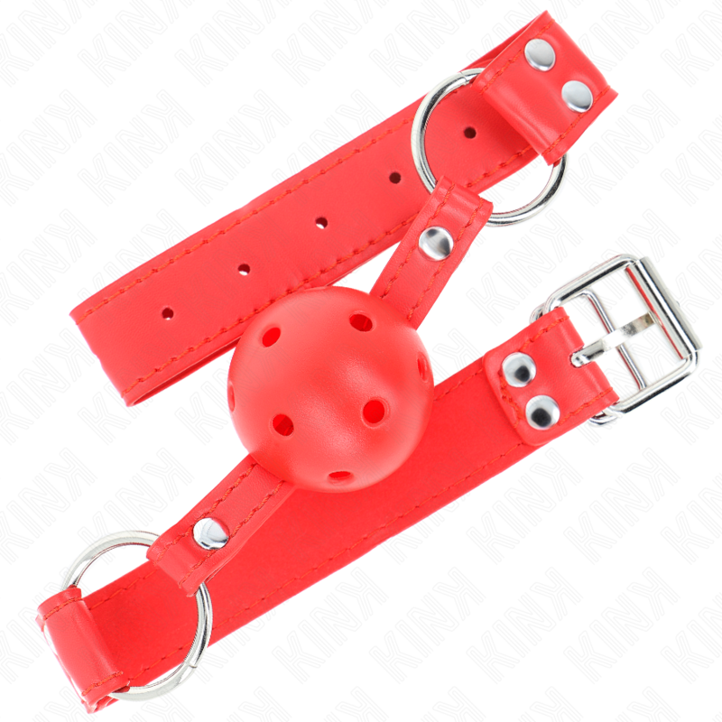 KINK Mordaça de Bola Oca Dura Completa Vermelha 62x2cm para jogos BDSM