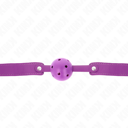 KINK Mordaça Bola Respirável Roxa 4,5cm com correia ajustável, mostrando detalhes do silicone e fecho.
