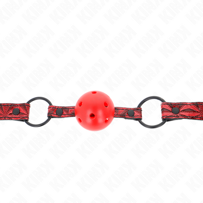 Mordaça Bola KINK Padrão Diamante 4,5cm com alça ajustável, detalhes do material e design.