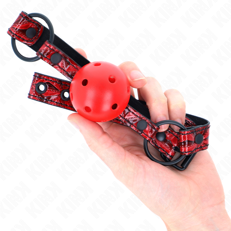 Mordaça Bola KINK Padrão Diamante 4,5cm com alça ajustável, detalhes do material e design.
