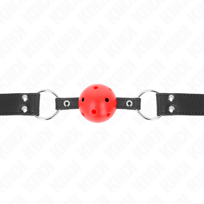 KINK Mordaça Bola Respirável de couro com rebite duplo e fivela ajustável, para sessões BDSM de controlo e submissão.