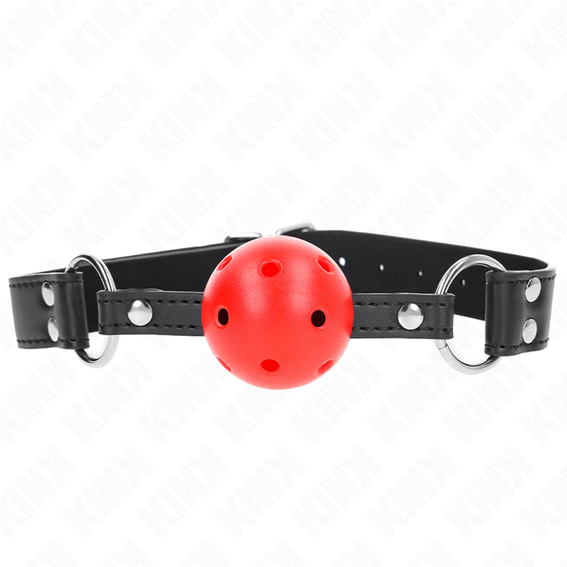 KINK Mordaça Bola Respirável de couro com rebite duplo e fivela ajustável, para sessões BDSM de controlo e submissão.