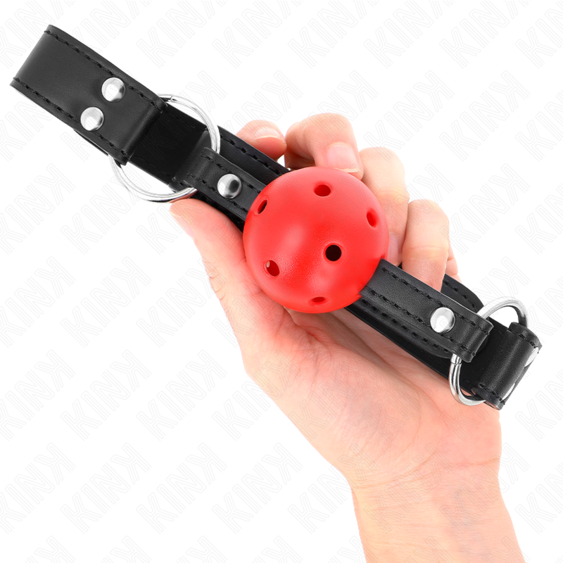 KINK Mordaça Bola Respirável de couro com rebite duplo e fivela ajustável, para sessões BDSM de controlo e submissão.