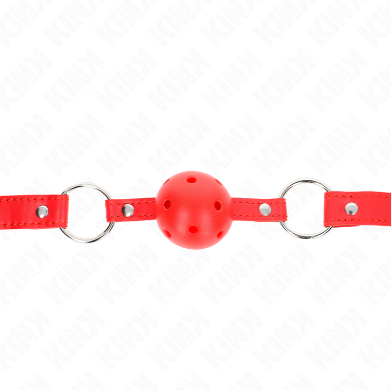 Close-up of the KINK Mordaça de Bola Respirável 4 CM Vermelha Ajustável, showing its silicone ball and adjustable strap.