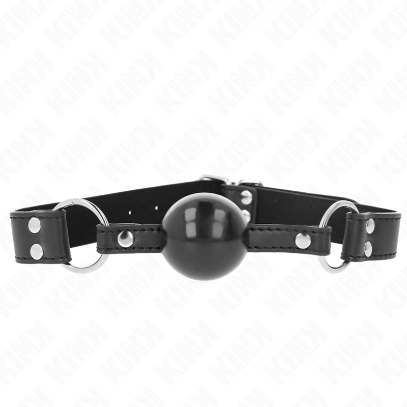 Close-up da KINK Mordaça de Bola Macia Sólida 4cm com Alça de Couro Ajustável, mostrando detalhes do material e design para BDSM.