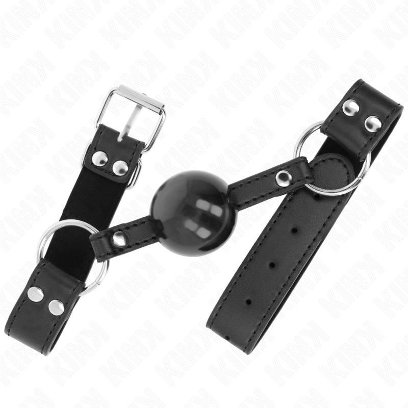 Close-up da KINK Mordaça de Bola Macia Sólida 4cm com Alça de Couro Ajustável, mostrando detalhes do material e design para BDSM.