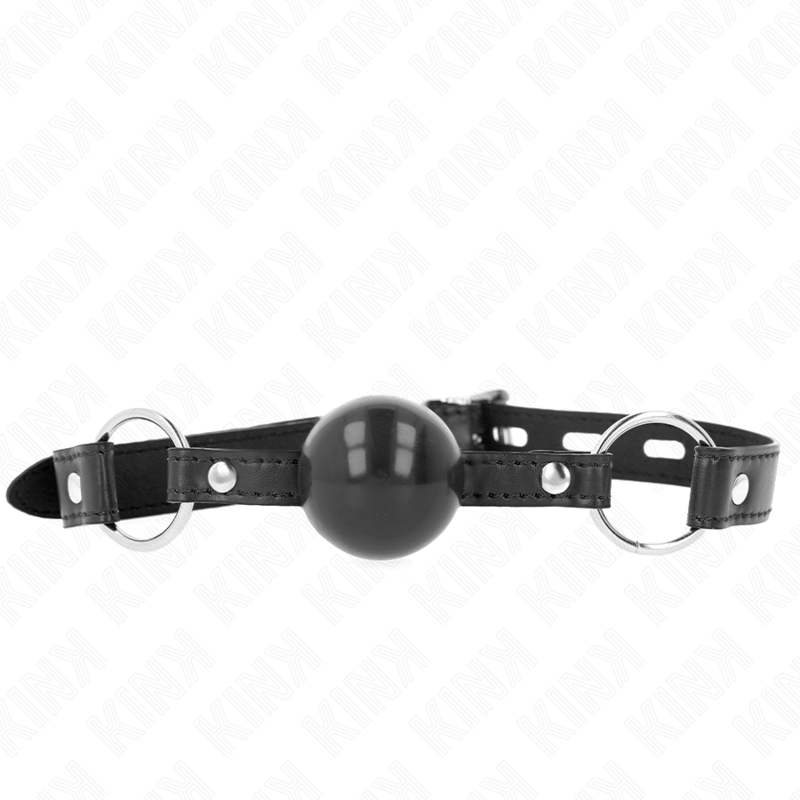 Mordaça Bola TPE Preta KINK de 4 CM com tira ajustável para BDSM, vista em detalhe.