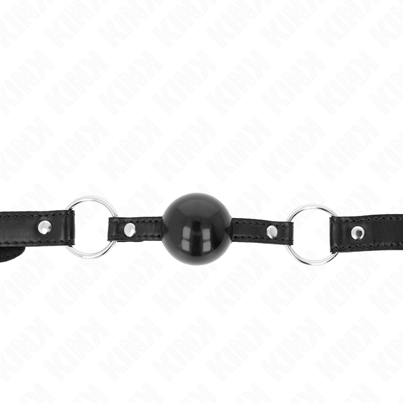 Mordaça Bola TPE Preta KINK de 4 CM com tira ajustável para BDSM, vista em detalhe.