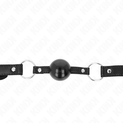 Mordaça Bola TPE Preta KINK de 4 CM com tira ajustável para BDSM, vista em detalhe.