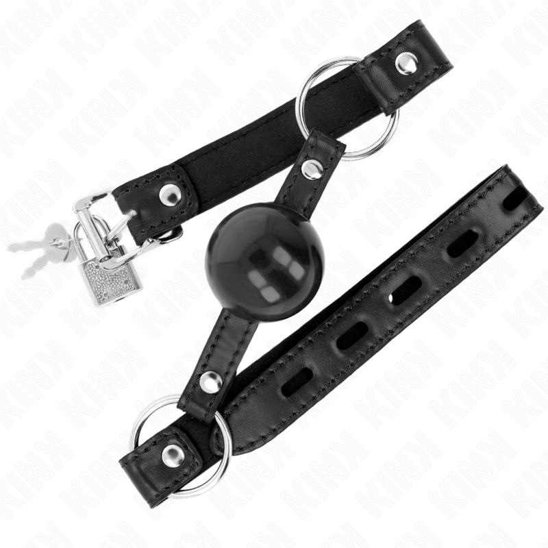 Mordaça Bola TPE Preta KINK de 4 CM com tira ajustável para BDSM, vista em detalhe.