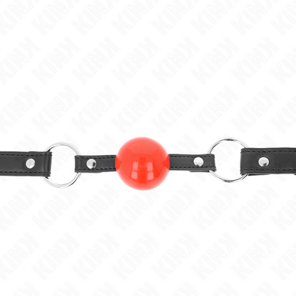 KINK Bola Mordaça com Fechadura 4 CM Bola Vermelha e alça preta para sessões BDSM, destacando o design e a segurança.