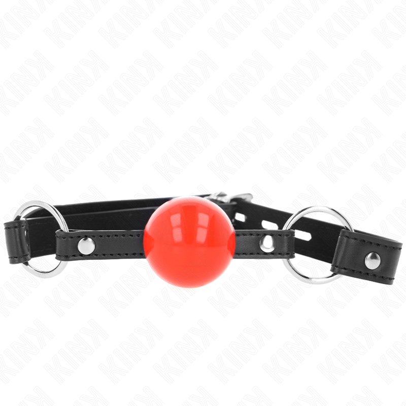 KINK Bola Mordaça com Fechadura 4 CM Bola Vermelha e alça preta para sessões BDSM, destacando o design e a segurança.