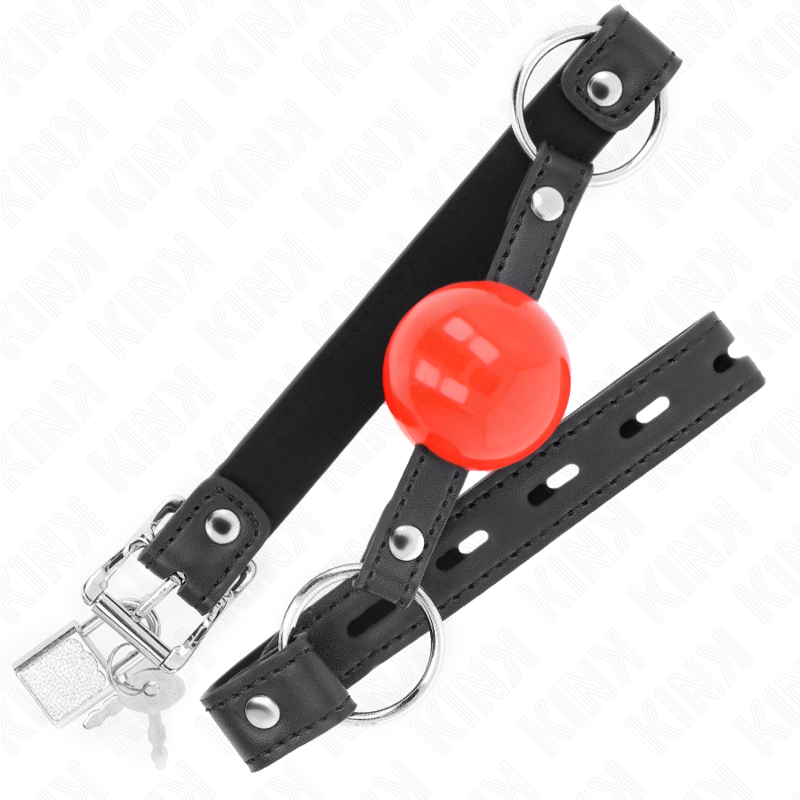 KINK Bola Mordaça com Fechadura 4 CM Bola Vermelha e alça preta para sessões BDSM, destacando o design e a segurança.