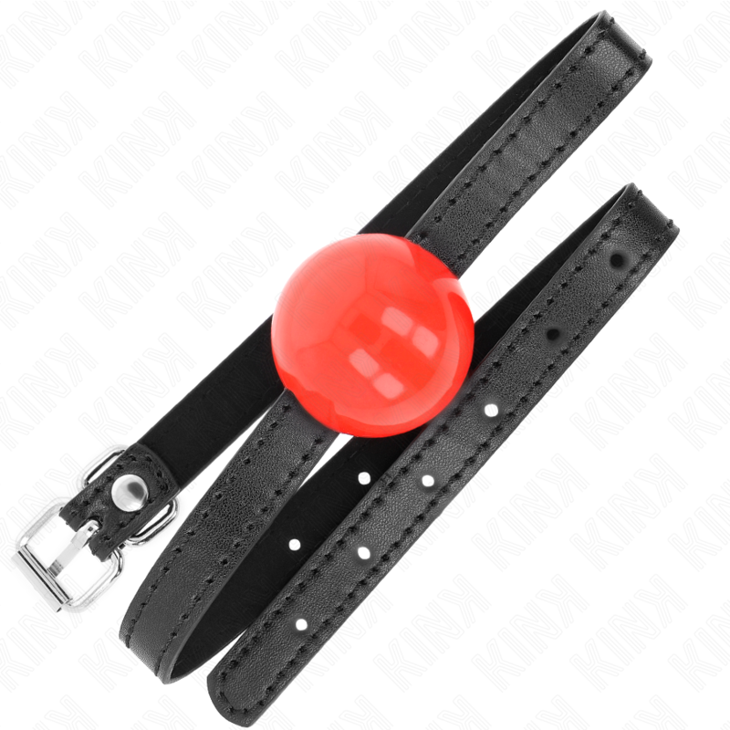 Mordaça de bola KINK simples vermelha de 4cm, mostrando o material de silicone e a tira ajustável, ideal para jogos BDSM.