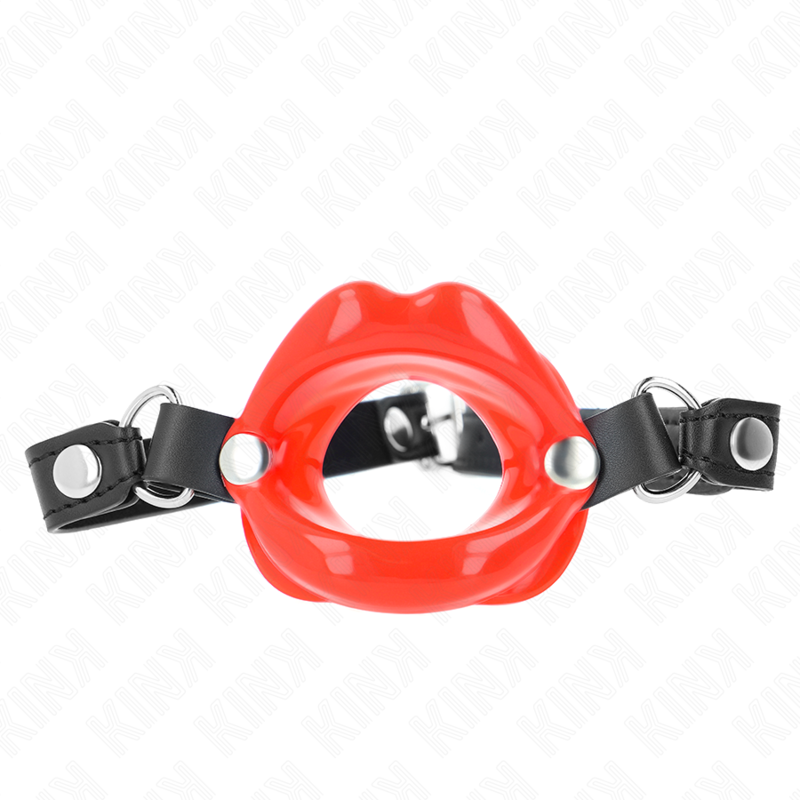 Detalhe da Mordaça Labial KINK 8 cm com Alça de Couro Vermelha Ajustável, mostrando o design e materiais.