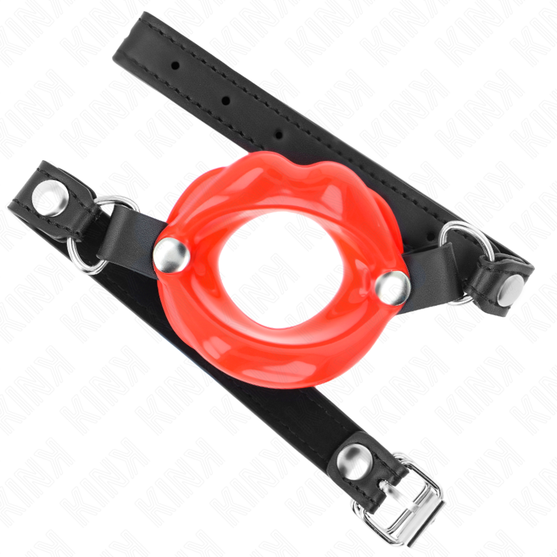 Detalhe da Mordaça Labial KINK 8 cm com Alça de Couro Vermelha Ajustável, mostrando o design e materiais.