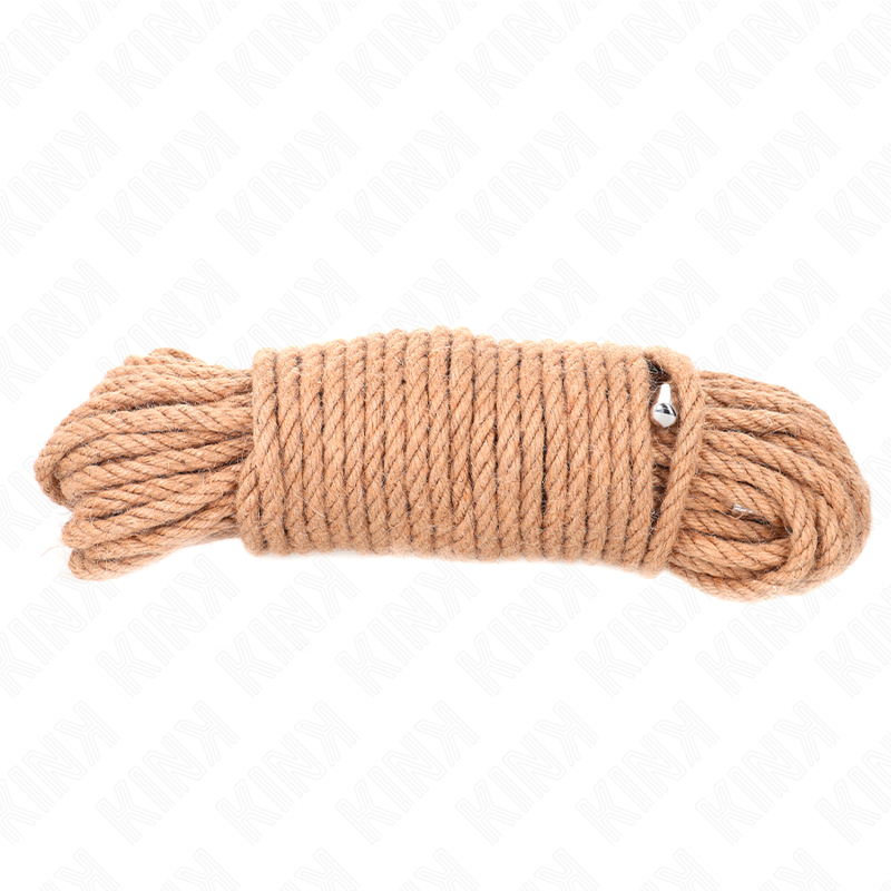 Corda de cânhamo KINK 20 metros com cabeça de metal para bondage e shibari, mostrando sua textura e detalhe da ponta.