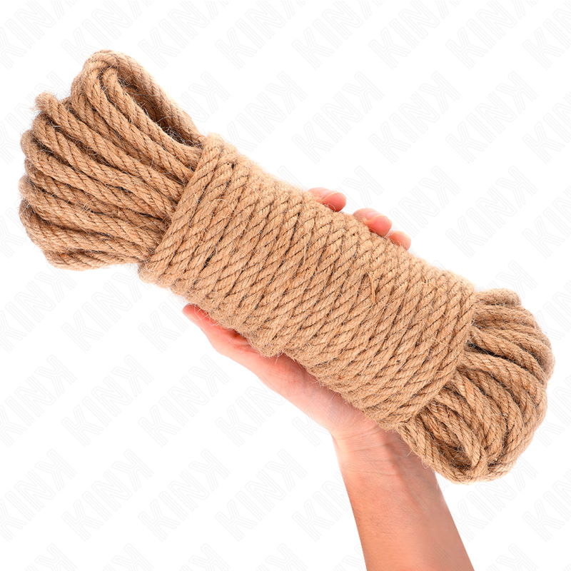 Corda de cânhamo KINK 20 metros com cabeça de metal para bondage e shibari, mostrando sua textura e detalhe da ponta.