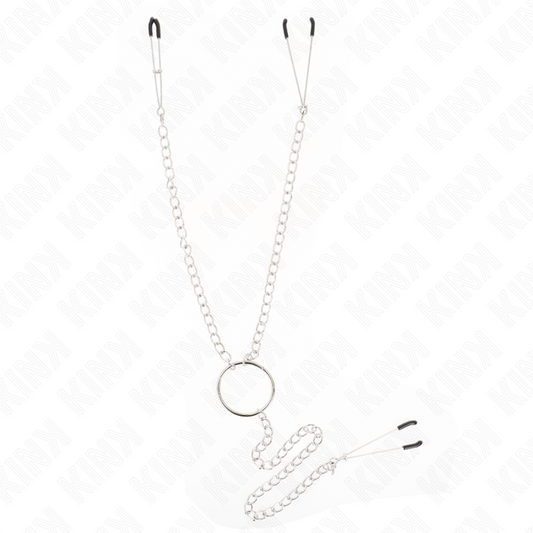 KINK Pinças Triplas para Mamilos e Clítoris com Corrente, mostrando detalhes do design e material metálico.
