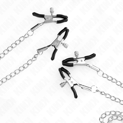 Close-up das Pinças de Bico e Clitóris Ajustáveis KINK Prata (4 Peças) para estimulação erótica.