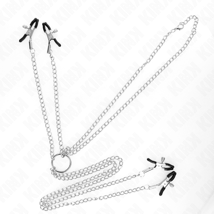Close-up das Pinças de Bico e Clitóris Ajustáveis KINK Prata (4 Peças) para estimulação erótica.