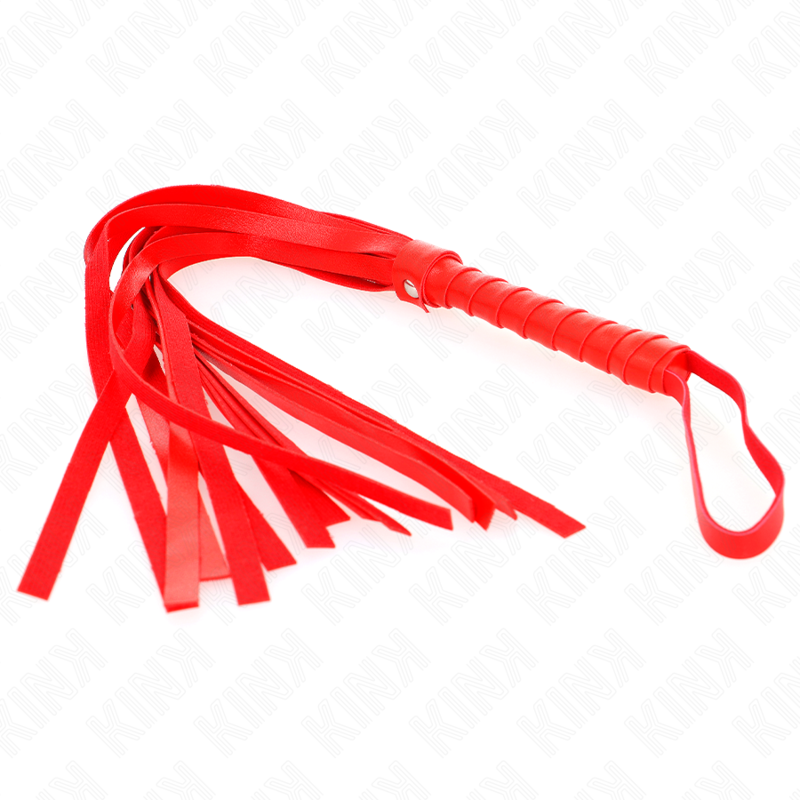 KINK Chicote Vermelho Simples 45cm para BDSM, detalhe da pega e das tiras.