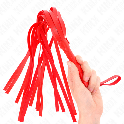 KINK Chicote Vermelho Simples 45cm para BDSM, detalhe da pega e das tiras.
