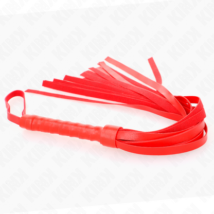 KINK Chicote Vermelho Simples 45cm para BDSM, detalhe da pega e das tiras.