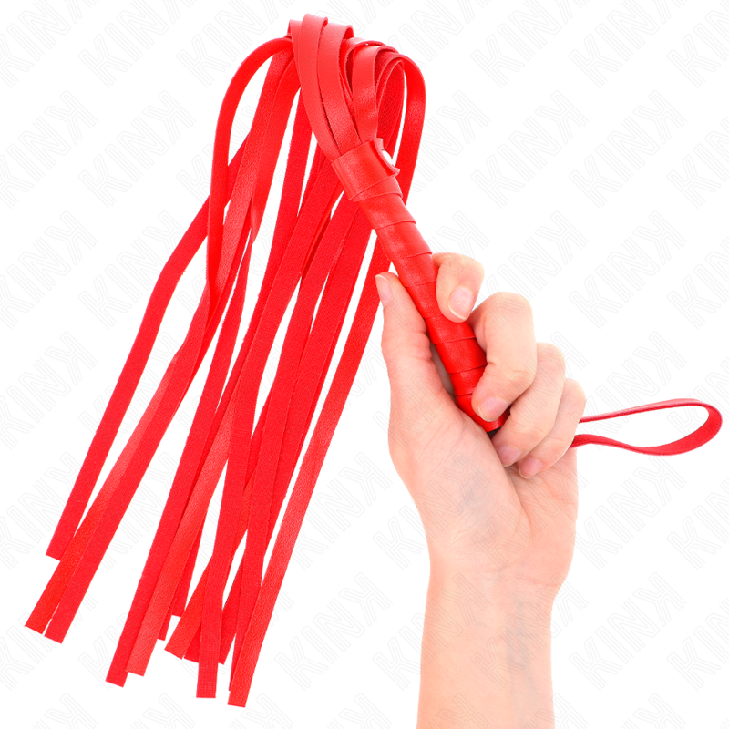 KINK Chicote Vermelho Simples 45cm para BDSM, detalhe da pega e das tiras.