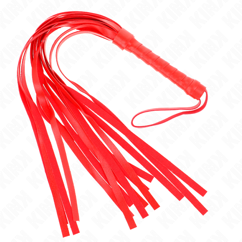 KINK Chicote Vermelho Simples 45cm para BDSM, detalhe da pega e das tiras.