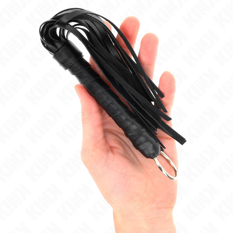 KINK Mini Chicote Simples Preto 28 CM, close-up da pega e das tiras.