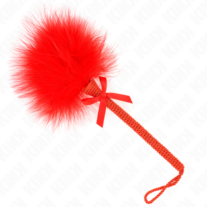 KINK Varinha de Corda com Penas de Cócegas e Laço Vermelho 25 CM para jogos sensoriais BDSM.